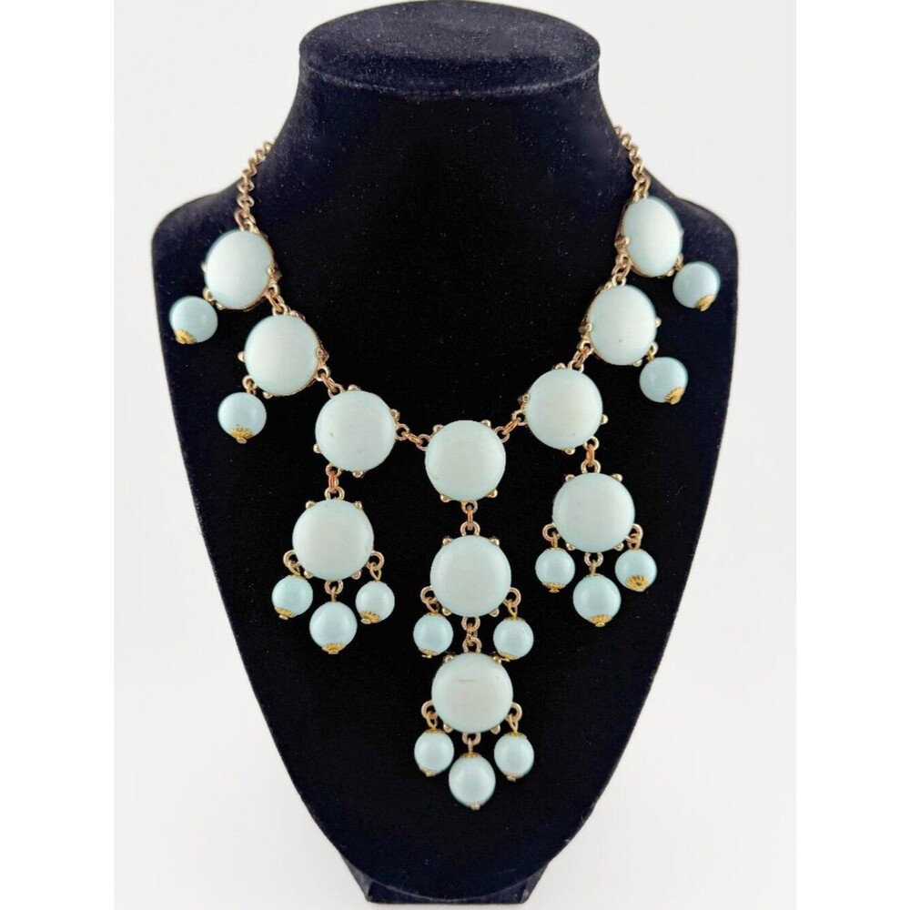 Stunning Pale Aqua Blue Cabochon Bib Statement Necklace - Gold Tone